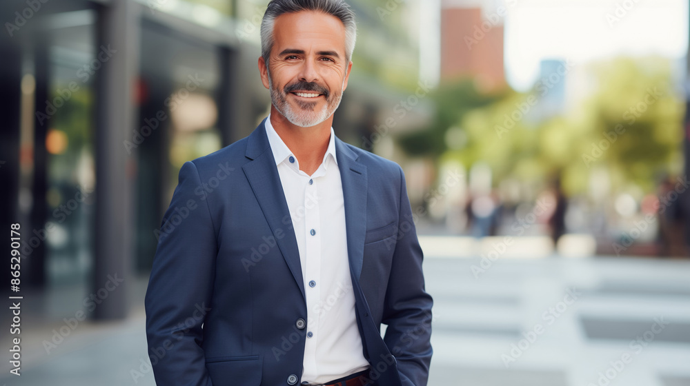 Confident happy smiling mature Hispanic businessman standing in the city and looking at camera Confident happy smiling mature Hispanic businessman standing in the city and looking at camera