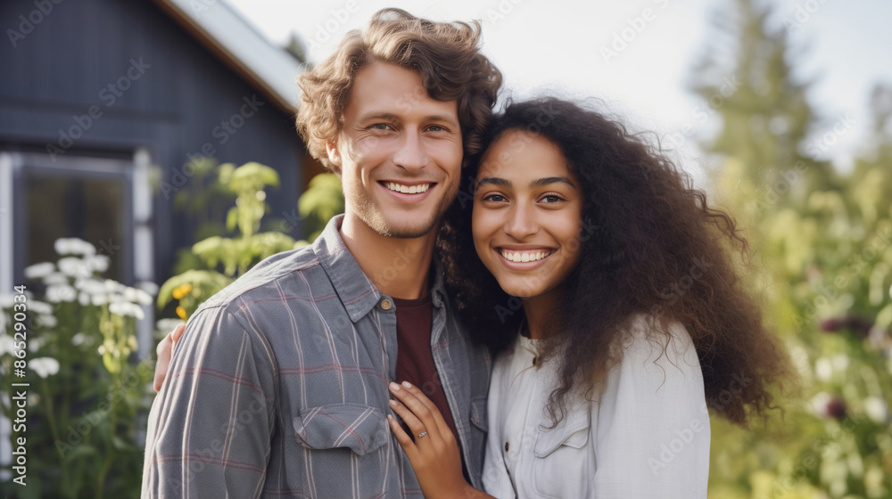 Portrait happy smiling multiethnic young couple owners in summer backyard of their own country house Portrait happy smiling multiethnic young couple owners in summer backyard of their own country house