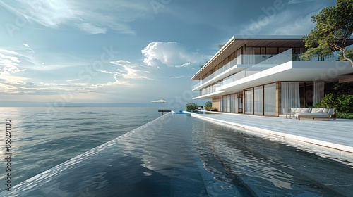 Coastal resort with luxury hotel in the distance, main focus on the sea, minimalist design. Generative AI. © visoot
