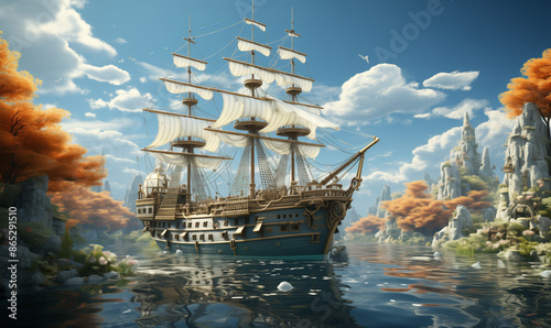 Pirate Ship Sailing Ocean