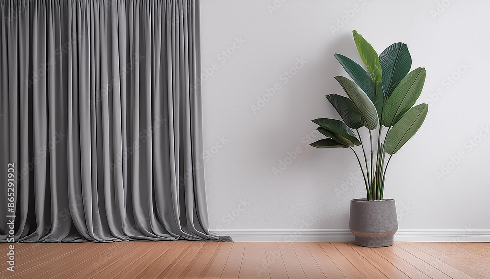 A plant in a pot stands on the floor on a wooden parquet against the background of a white empty wall and a gray curtain. A plant in a pot stands on the floor on a wooden parquet against the background of a white empty wall and a gray curtain.