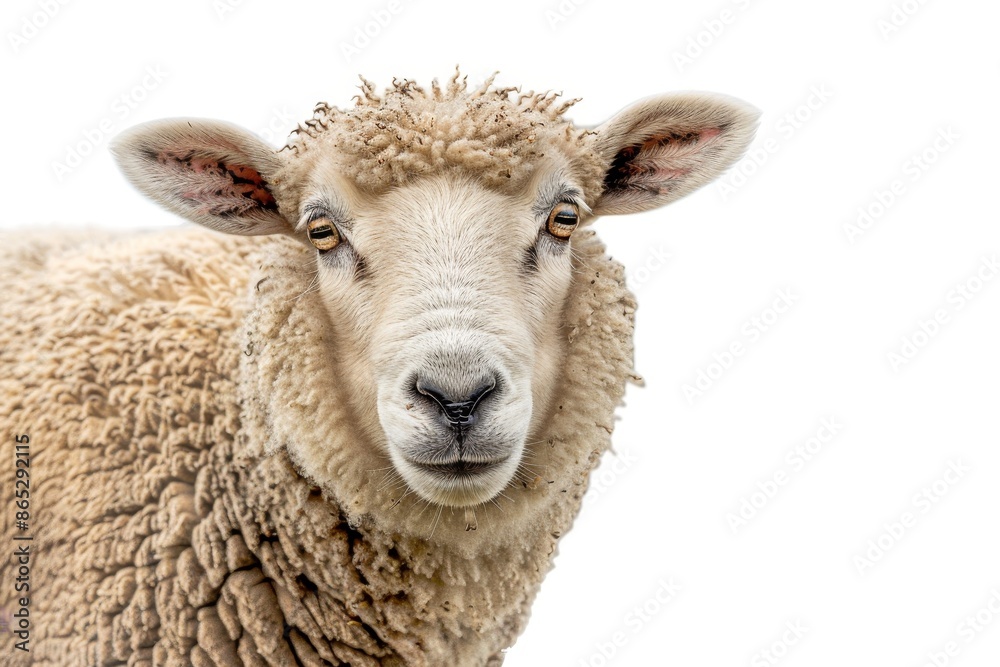 An isolated white fluffy sheep farm portrait looking at the camera, funny moment, Farmland animals concept, using generative AI. An isolated white fluffy sheep farm portrait looking at the camera, funny moment, Farmland animals concept, using generative AI.