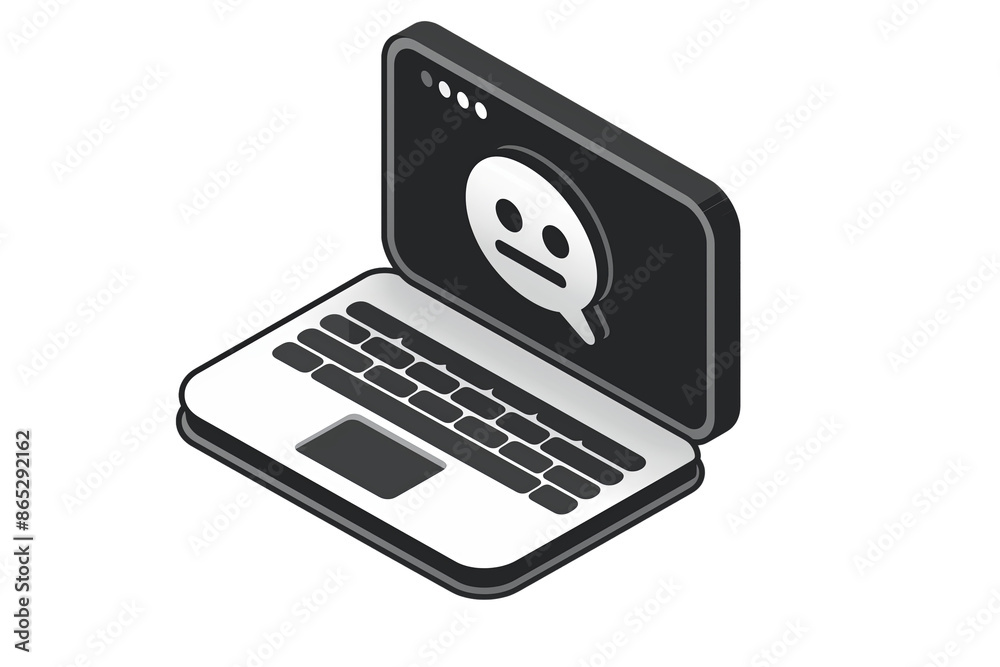 Isometric illustration of a laptop with a sad face icon displayed on the screen. Isolated on white background. PNG file. Isometric illustration of a laptop with a sad face icon displayed on the screen. Isolated on white background. PNG file.