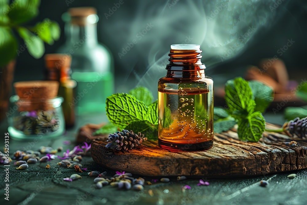 Aromatherapy Essential Oils with Mint, Herbal Extracts on Wooden Board for Relaxation and Wellbeing Aromatherapy Essential Oils with Mint, Herbal Extracts on Wooden Board for Relaxation and Wellbeing