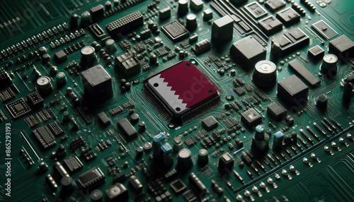 A detailed circuit board showcasing an Qatar flag on a central microchip, symbolizing the strong foundation of technology and electronics in the Qatar photo