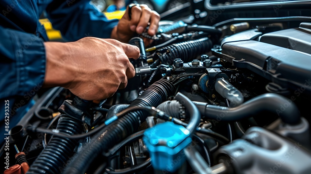 Close-up of Mechanic's Hands Checking Engine Vacuum Lines During Essential Vehicle Maintenance Close-up of Mechanic's Hands Checking Engine Vacuum Lines During Essential Vehicle Maintenance