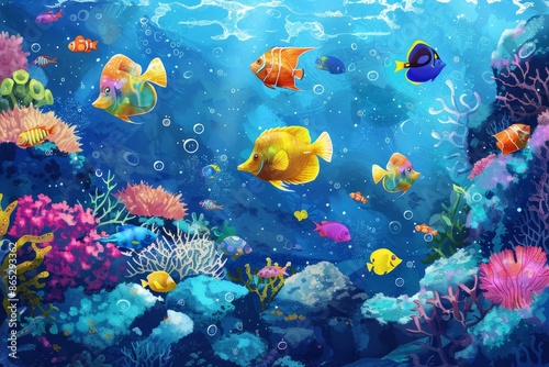 A colorful reef landscape in the deep ocean, with fish and marine life on the seabed. Marine life concept, underwater world.