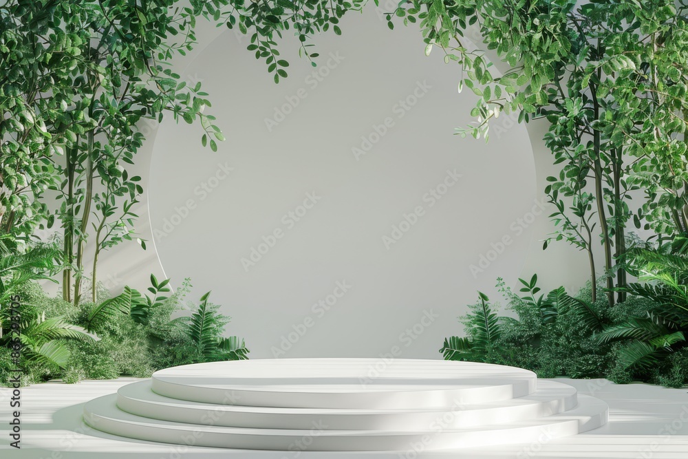 Minimal white podium in a lush green forest scene with copy space, perfect for product placement. Natural background with a sustainable and eco-friendly concept. Minimal white podium in a lush green forest scene with copy space, perfect for product placement. Natural background with a sustainable and eco-friendly concept.