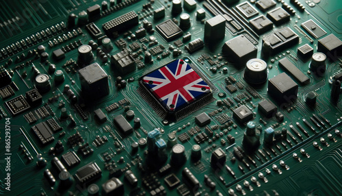 A detailed circuit board showcasing an United Kingdom flag on a central microchip, symbolizing the strong foundation of technology and electronics in the United Kingdom