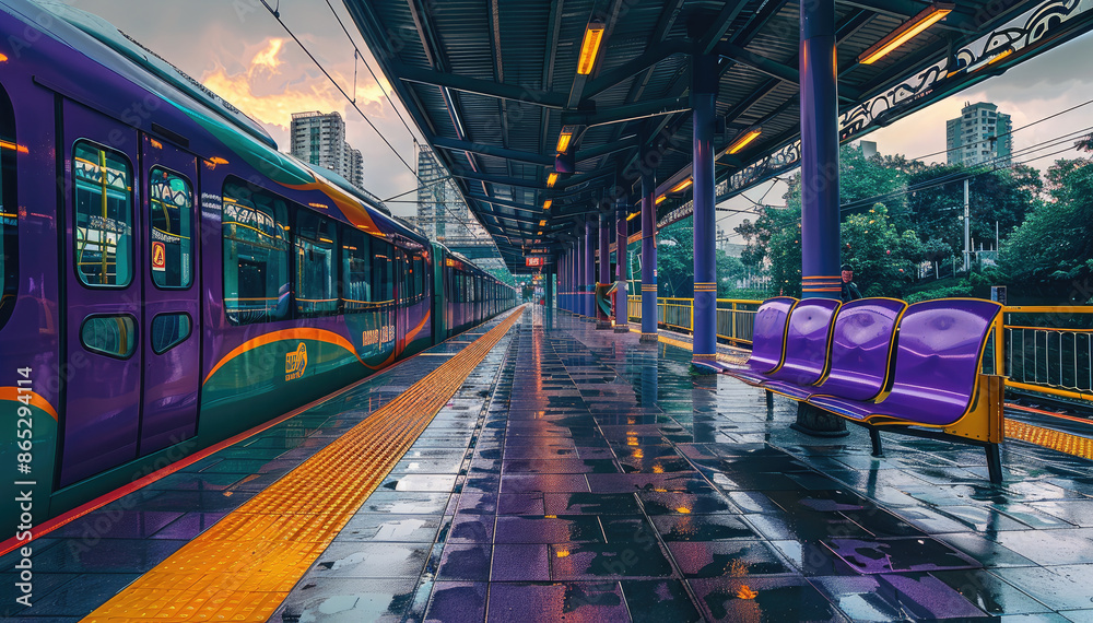 Fototapeta premium The exterior platform of the train station, an express purple line bus waiting to board passengers. A modern city. Generative AI.