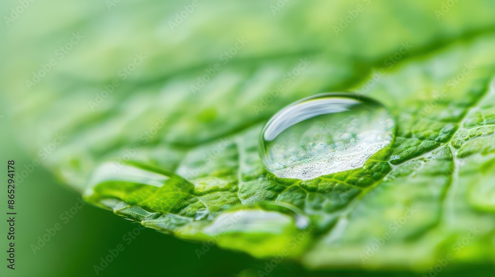 A conceptual image of a single dewdrop on a leaf, highlighting freshness and purity, perfect for a banner with ample copy space