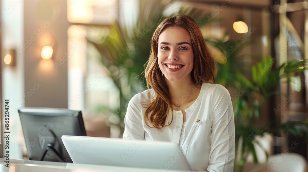 Happy female receptionist working at hotel front desk. --ar 16:9 Job ID: 2214d6d9-cd0b-4066-b873-3978930944d2 Happy female receptionist working at hotel front desk. --ar 16:9 Job ID: 2214d6d9-cd0b-4066-b873-3978930944d2