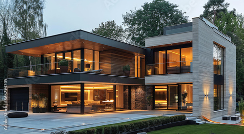 Exterior modern house, modern, stylish, warm brown color palette, light tones. Generative AI.