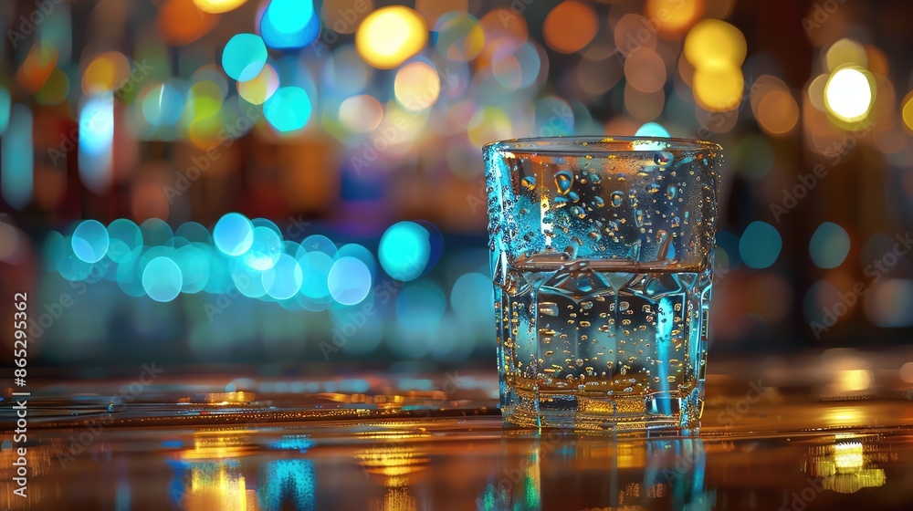 A glass of sparkling water sits on a bar counter with colorful bokeh lights in the background, creating a vibrant and cozy atmosphere. A glass of sparkling water sits on a bar counter with colorful bokeh lights in the background, creating a vibrant and cozy atmosphere.