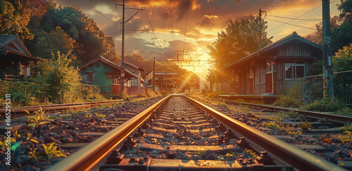 The railway in a small rural town center, twilight, sunlight. Generative AI.