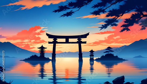 japanese temple at sunset photo
