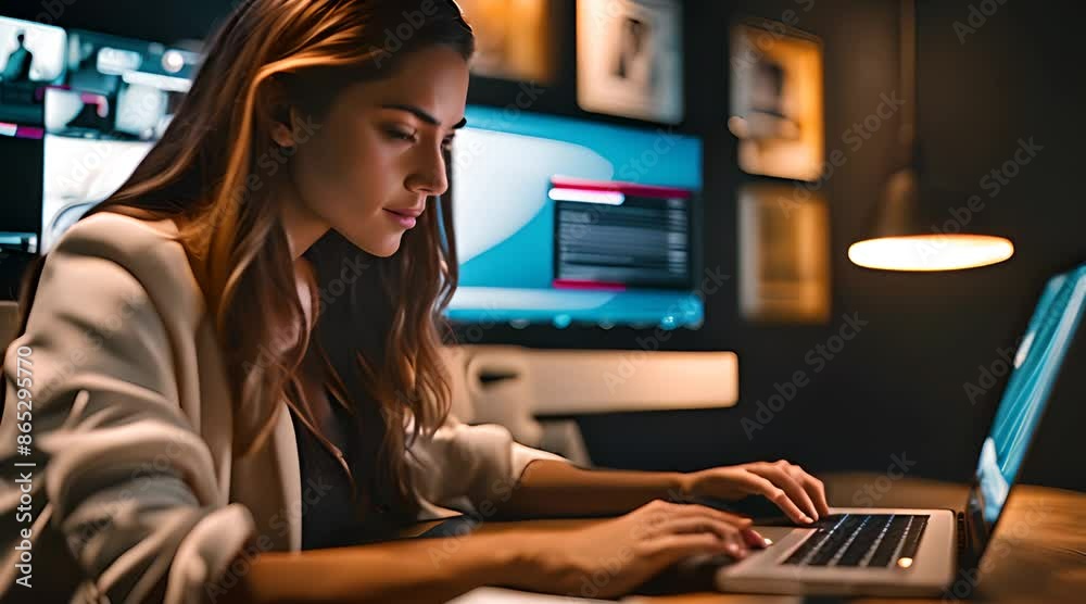 Female Freelancer Typing on Laptop at Comfortable Home Office Desk Female Freelancer Typing on Laptop at Comfortable Home Office Desk