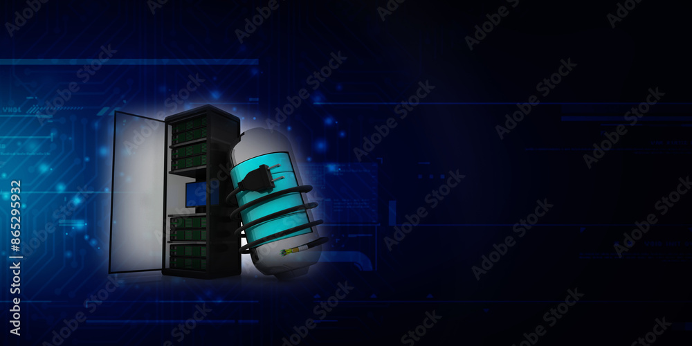 3d illustration Data center server with battery connected optical cable 3d illustration Data center server with battery connected optical cable