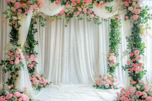 The background decoration for the wedding ceremony in the garden with plants and bouquets of flowers, an empty scene in the garden for the wedding, a beautiful event in the open air and in the open