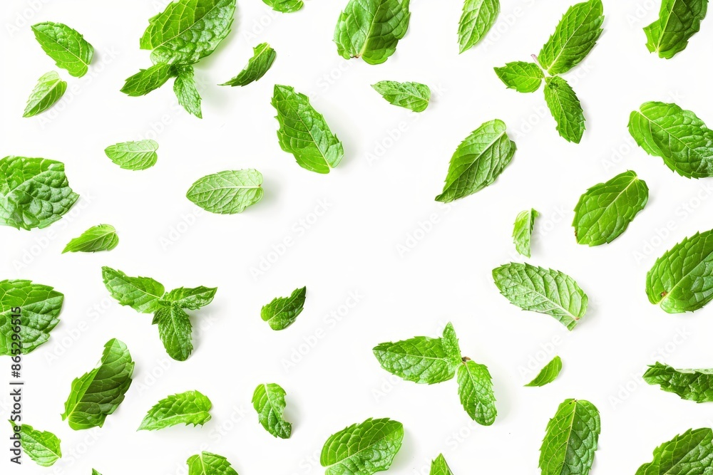A green peppermint leaf flies in the air and falls on the background with a tropical leaf in the background, fresh natural foliage, and organic herbs arranged in the form of waves and swirls. A green peppermint leaf flies in the air and falls on the background with a tropical leaf in the background, fresh natural foliage, and organic herbs arranged in the form of waves and swirls.