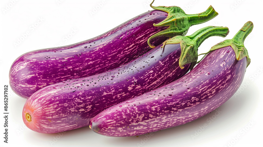 Three vibrant purple eggplants with a glossy finish on a white background Three vibrant purple eggplants with a glossy finish on a white background