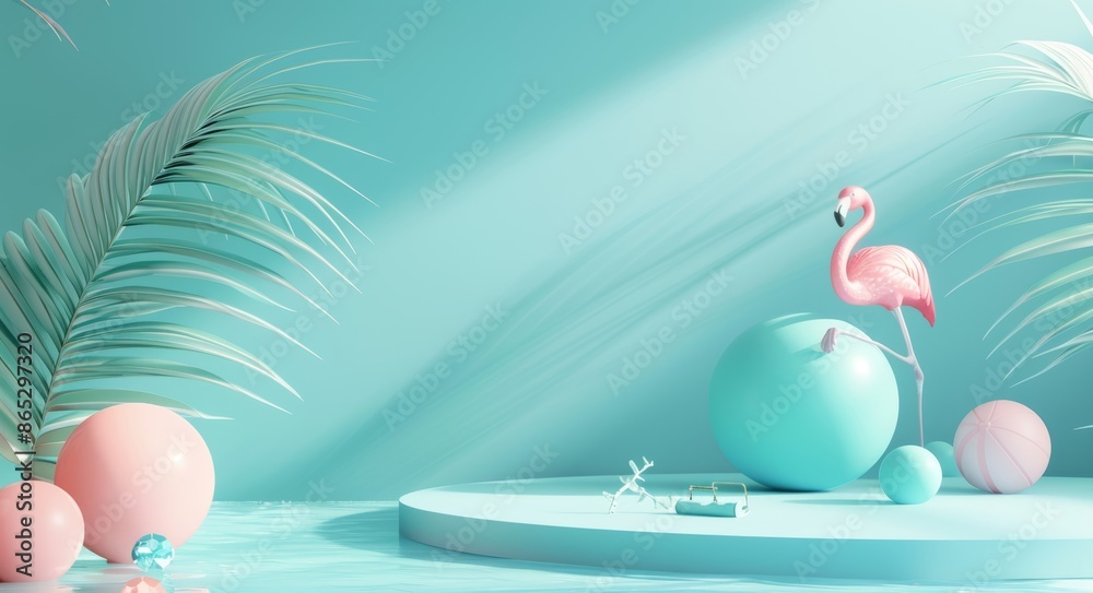 Podium for showing product on blue background with summer elements like beach umbrella, ball, and sunglasses, travel holiday scene in 3D. Podium for showing product on blue background with summer elements like beach umbrella, ball, and sunglasses, travel holiday scene in 3D.
