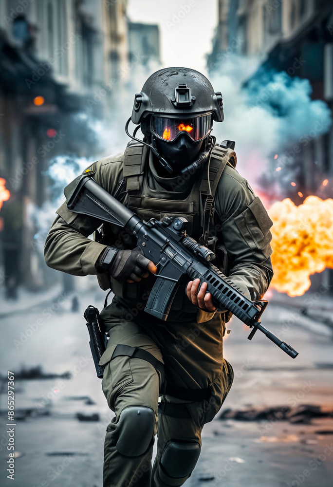 A soldier in army gear with a weapon runs through the streets of a big city with explosions, fire and smoke, where riots, rallies, uprisings take place A soldier in army gear with a weapon runs through the streets of a big city with explosions, fire and smoke, where riots, rallies, uprisings take place