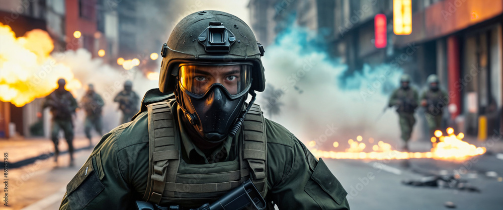 A soldier in army gear with a weapon runs through the streets of a big city with explosions, fire and smoke, where riots, rallies A soldier in army gear with a weapon runs through the streets of a big city with explosions, fire and smoke, where riots, rallies