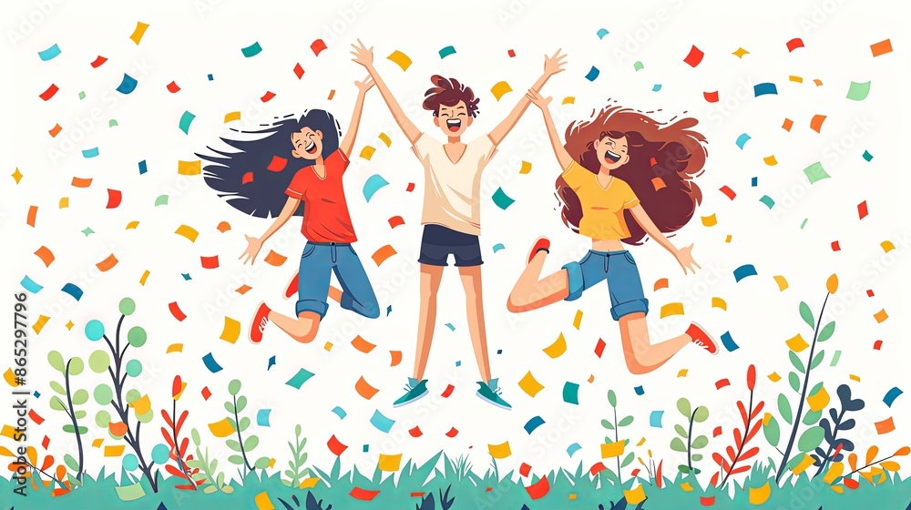 Happiness - happy young man and woman jumping in the air cheerfully. Modern flat vector concept illustration of a happy jumping and dancing person. Feeling and emotion concept Happiness - happy young man and woman jumping in the air cheerfully. Modern flat vector concept illustration of a happy jumping and dancing person. Feeling and emotion concept