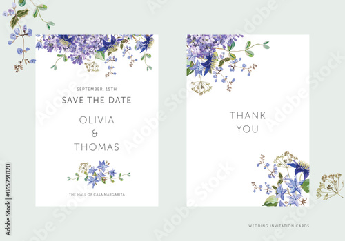 Wedding cards design. Blue bell flowers, lilac, green leaves bouquets, white background. Vector illustration. Romantic floral arrangements. Invitation template 