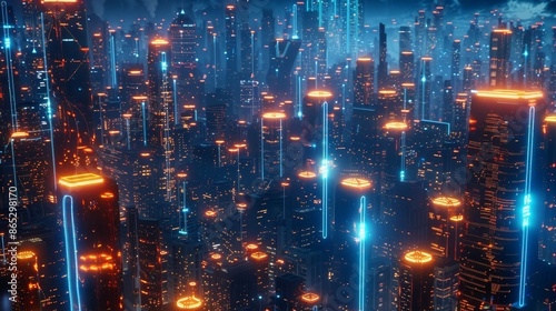 Stunning neon blue and orange coloured mega city capital towers with futuristic technology background, futuristic modern building vision, virtual reality, digital design, with Stock.