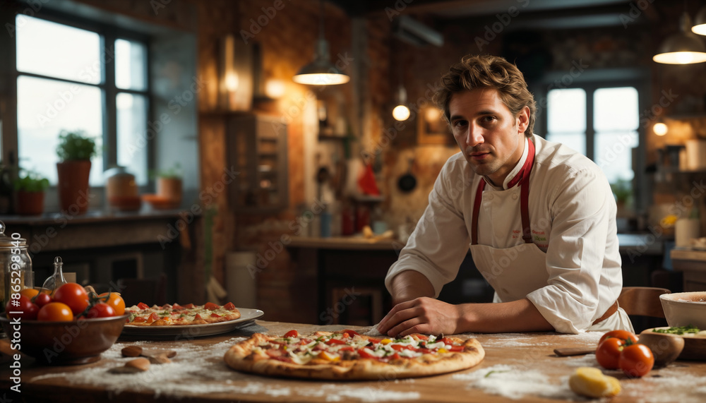 Italian male pizza chef in chef's clothes and apron in the kitchen preparing pizza. Copy space