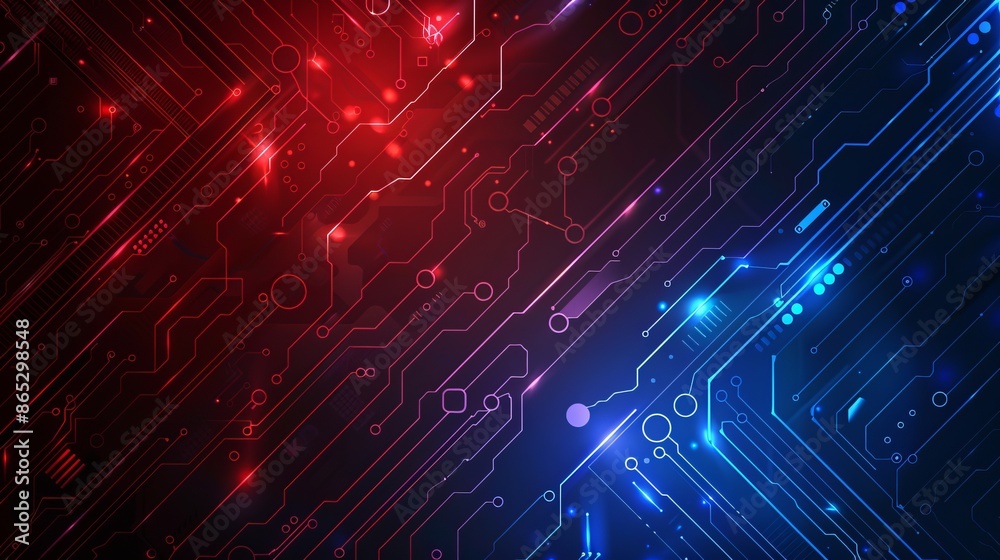 Futuristic circuit board design with glowing red and blue lights. Digital technology theme. Suitable for tech backgrounds, innovation concepts, and modern designs. AI Futuristic circuit board design with glowing red and blue lights. Digital technology theme. Suitable for tech backgrounds, innovation concepts, and modern designs. AI