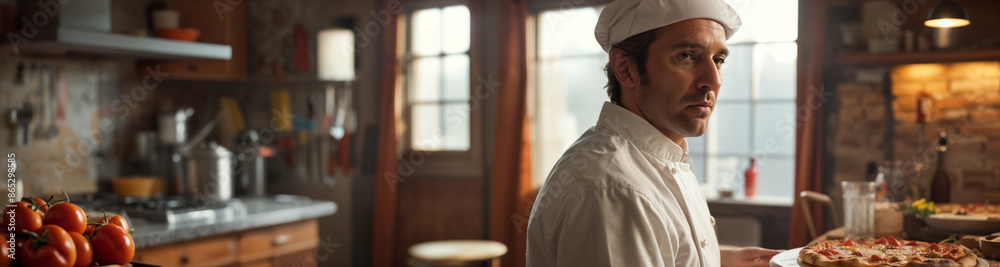 Italian male pizza chef in chef's clothes and apron in the kitchen preparing pizza. Copy space Italian male pizza chef in chef's clothes and apron in the kitchen preparing pizza. Copy space