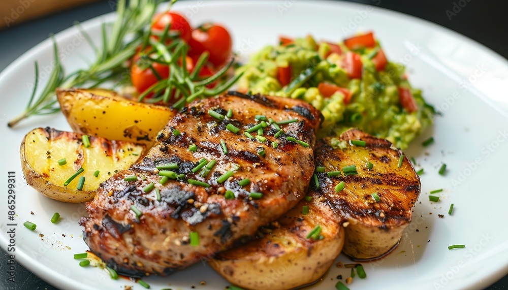 Grilled pork with potato guacamole and chives on a white plate Grilled pork with potato guacamole and chives on a white plate