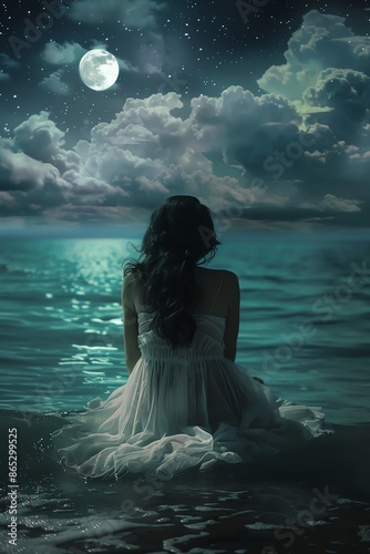 A young woman sits on the edge of the water, staring out at the moonlit ocean photo