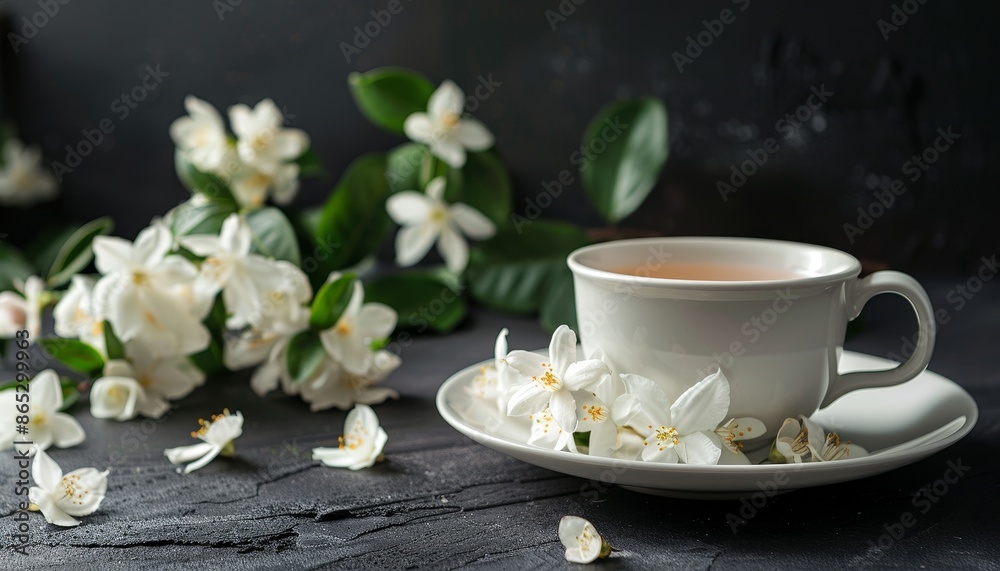 Herbal medicine displayed with jasmine flowers and tea on black background Herbal medicine displayed with jasmine flowers and tea on black background