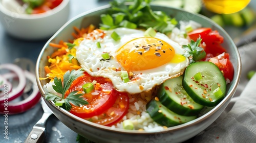 A delicious and healthy breakfast bowl with rice, vegetables, and a fried egg.