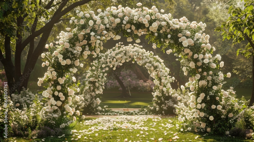 Fototapeta premium A picturesque garden scene with beautiful white rose arches, perfect for a wedding or romantic outdoor setting.