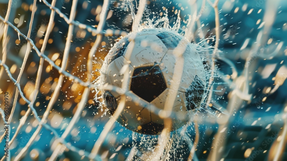 © JR-50 - Close-up of a soccer ball hitting the net, capturing the dynamic moment with water splashes, highlighting the excitement of the game. © JR-50 - Close-up of a soccer ball hitting the net, capturing the dynamic moment with water splashes, highlighting the excitement of the game.