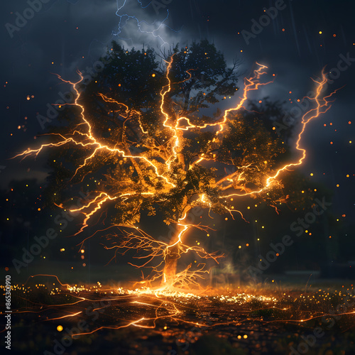 A tree standing in forest being struck by lightining , sparks shooting through tree