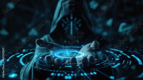 A futuristic representation of a cyber mage surrounded by floating, neonglowing symbols and spells, isolated with room for text on a clean background photo