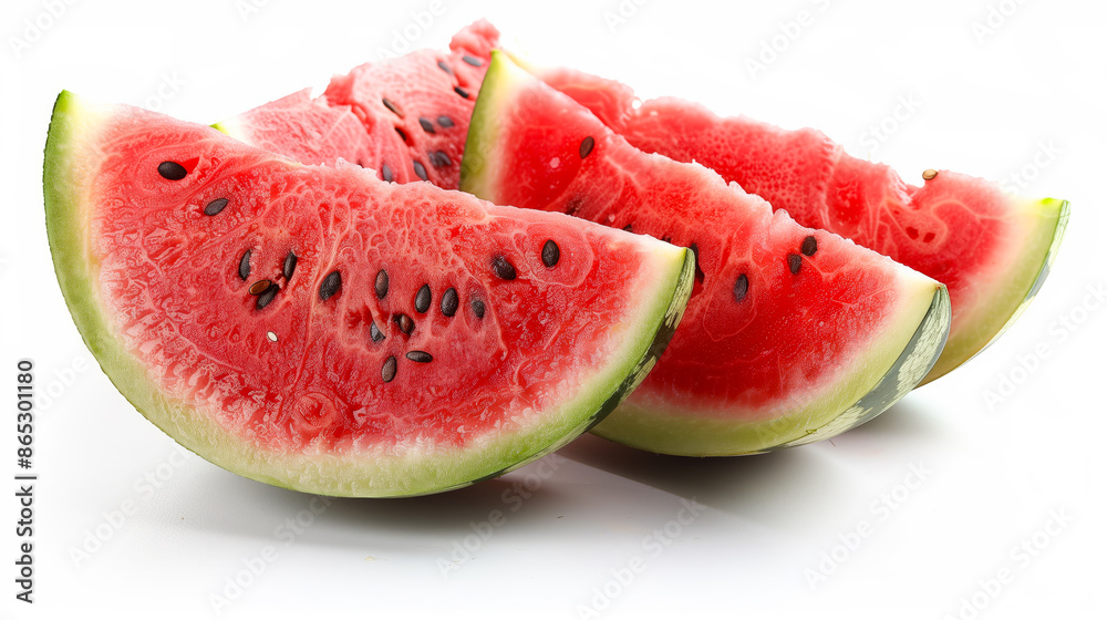 Close-up of fresh watermelon slices with vibrant red flesh and black seeds. Close-up of fresh watermelon slices with vibrant red flesh and black seeds.