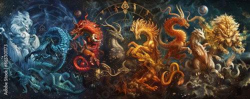 Mythological Beasts: The zodiac signs as mythological beasts, depicted in a dramatic and fantastical style with powerful postures  photo