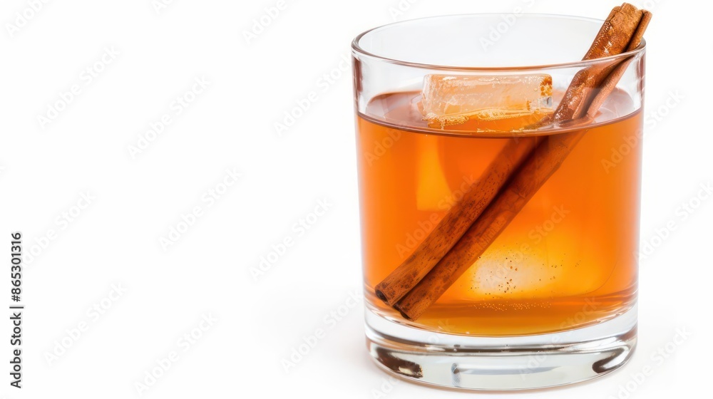 A glass of apple juice with a cinnamon stick, perfectly styled, isolated with room for text A glass of apple juice with a cinnamon stick, perfectly styled, isolated with room for text