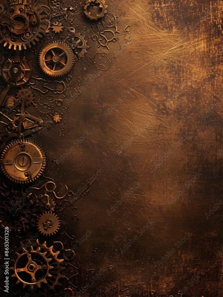 Naklejka premium Vintage engineer mechanical element border on aged rustic brass background, wallpaper