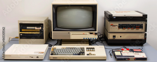 Vintage Computer: An early personal computer from the 1980s, complete with a chunky keyboard, CRT monitor, and floppy disks