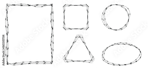Barbed Wire Frames Set Isolated on White. Restricted area or prison wall concept.