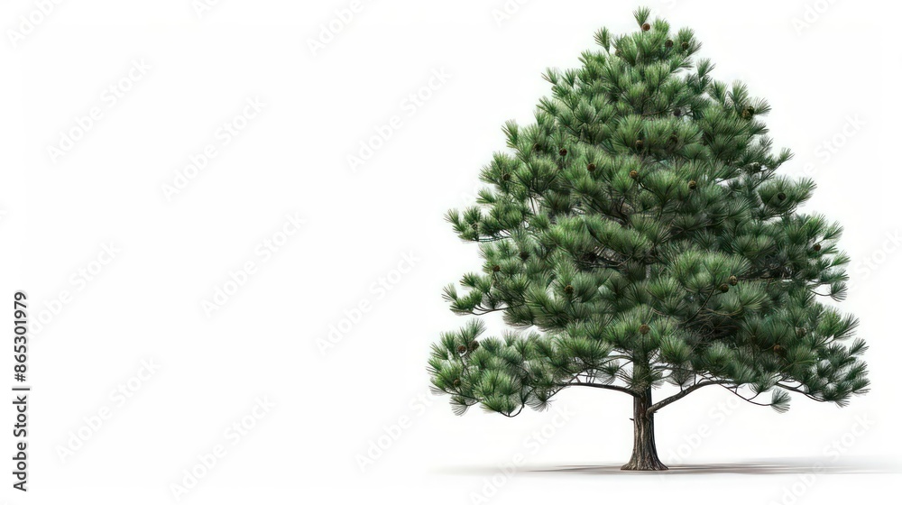 A majestic pine tree with its dense foliage and cone clusters, isolated on a white background A majestic pine tree with its dense foliage and cone clusters, isolated on a white background