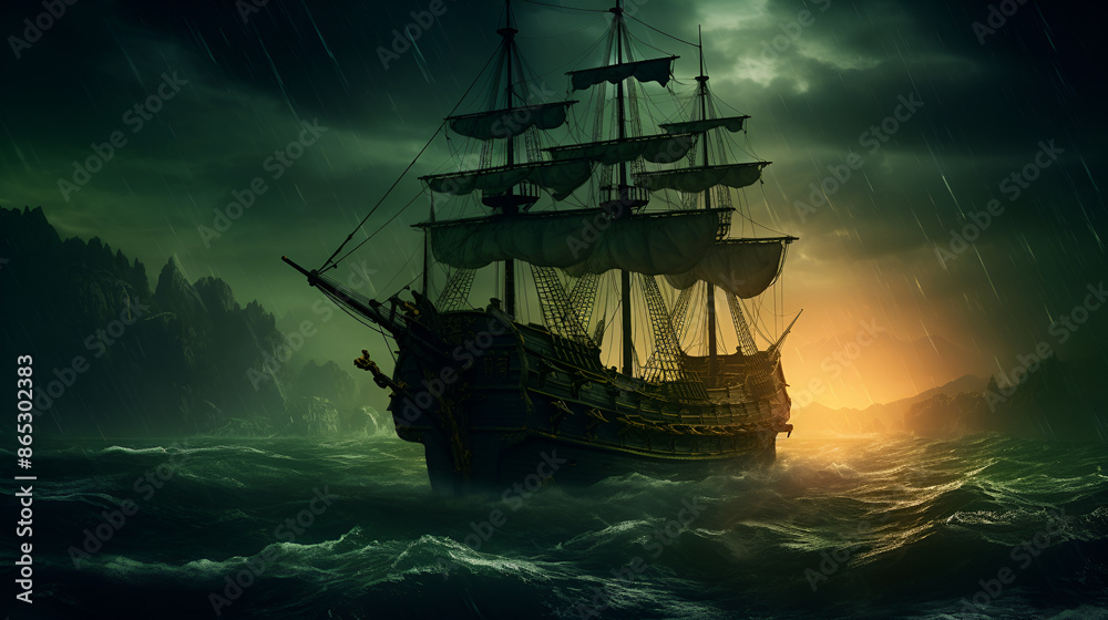 Obraz premium A pirate ship sailing through the sea in a dark fantasy atmosphere. 